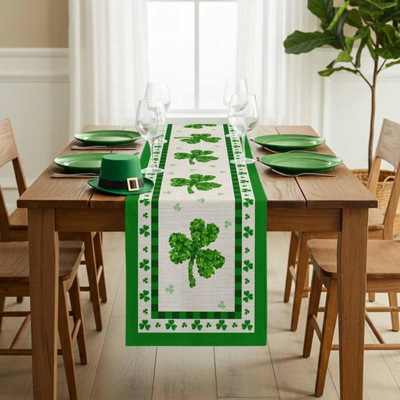 Table Runner 90 Inches Long, St. Patrick Green Shamrock Leaves Table Runners Dining for Home Party Wedding Irish Clovers on Burlap