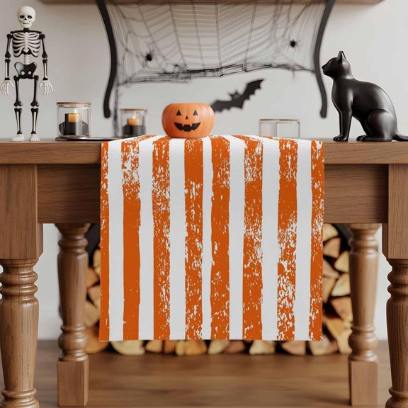 Table Runner-90 Inches Long Vintage Halloween Demons Face Tablerunners Decorative Dresser Scarves White Orange Stripe Tabletop Scarf for Indoor Outdoor Wedding Holiday Party