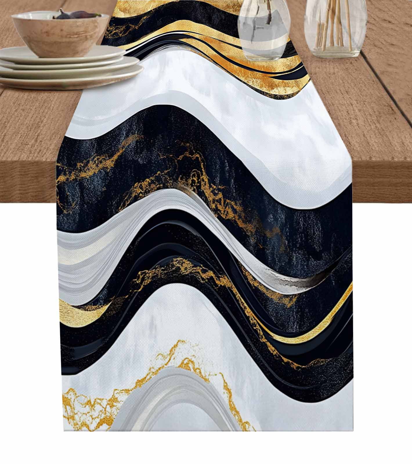 Table Runner Abstract Black White Gold Stripes Table Decoration for Kitchen Dinning Modern Table Decoration for Indoor Outdoor Party Wedding Decor 13x72inch