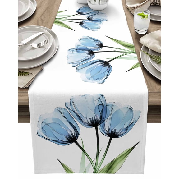 Table Runner Abstract Blue Tulip Table Decoration for Kitchen Dinning Flowers Leaf Plant Table Decoration for Indoor Outdoor Party Wedding Decor 13x90inch