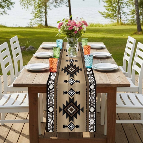 Table Runner Abstract Boho Brown Geometric Pattern Dresser Scarves 13x72 Inch,Linen Table Runners Retro Southwest Theme Tablerunner for Home Dining Indoor Outdoor Wedding Party Tabletop Decor