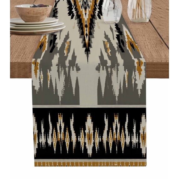 Table Runner Abstract Brown Black Gray Geometric Table Decoration for Kitchen Dinning Vintage Ethnic Style Table Decoration for Indoor Outdoor Party Wedding Decor 13x72inch