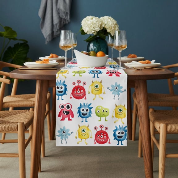 Table Runner Abstract Cartoon Monsters Dresser Scarves 13x36 Inch,Linen Table Runners Seamless Colorful Cute Alien Tablerunner for Home Dining Indoor Outdoor Wedding Party Tabletop Decor