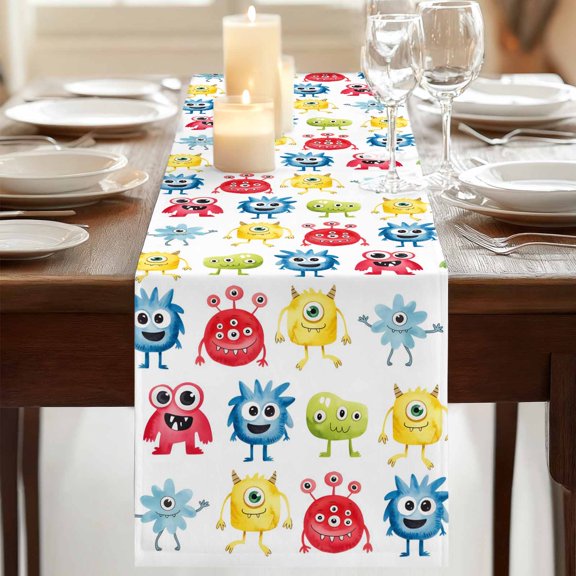 Table Runner,Abstract Cartoon Monsters Kitchen Dining Table Runners Tabletop Decorations Seamless Colorful Cute Alien Tablerunner Dresser Scarves for Home Party Wedding Birthday Decor,13x72in