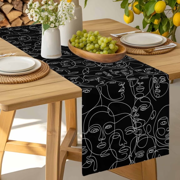 Table Runner Abstract Character Face Modern Line Arts Dresser Scarves 13x36 Inch,Linen Table Runners Black White Tablerunner for Home Dining Indoor Outdoor Wedding Party Tabletop Decor