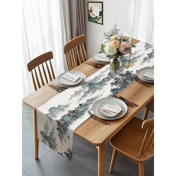 Table Runner Abstract Chinese Mountains Trees Sailboats Dresser Scarves 13x72 Inch,Linen Table Runners Ink Painting Tablerunner for Home Dining Indoor Outdoor Wedding Party Tabletop Decor