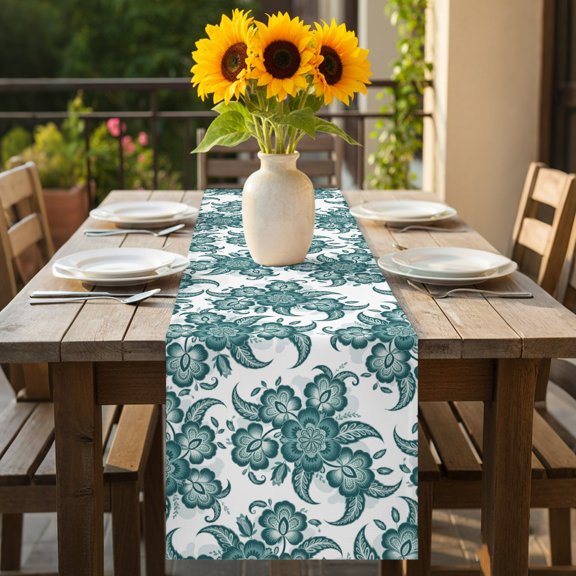 Table Runner Abstract Cyan-blue Paisley Pattern Dresser Scarves 13x70 Inch,Linen Table Runners Ethnic Flower Leaf Tablerunner for Home Dining Indoor Outdoor Wedding Party Tabletop Decor