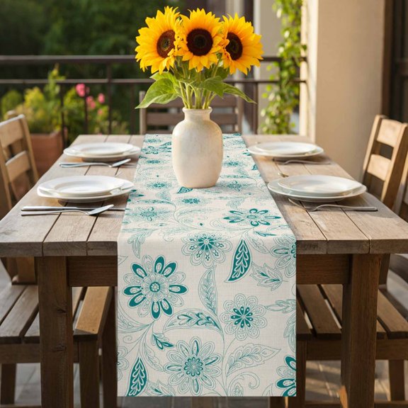 Table Runner Abstract Ethnic Flower Texture Dresser Scarves 13x70 Inch,Linen Table Runners Teal Paisley Pattern on Linen Tablerunner for Home Dining Indoor Outdoor Wedding Party Tabletop Decor