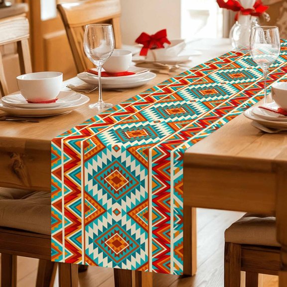 Table Runner Abstract Ethnic Geometric Texture Dresser Scarves 13x36 Inch,Linen Table Runners Tribal Retro Herringbone Art Tablerunner for Home Dining Indoor Outdoor Wedding Party Tabletop Decor