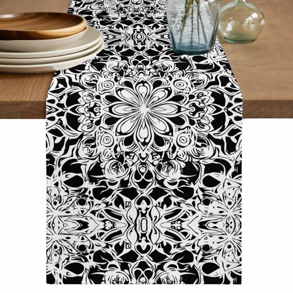 Table Runner Abstract Flowers Ethnic Style Soft Linen Style Table Runner Cloth Black White Dining Table Decor for Kitchen, Dining Room, Parties, Holiday & Everyday Use 13x36 Inch