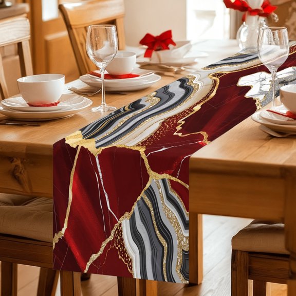 Table Runner Abstract Flowing Marble Fluid Art Dresser Scarves 13x36 Inch,Linen Table Runners Red and Gold Lines Tablerunner for Home Dining Indoor Outdoor Wedding Party Tabletop Decor
