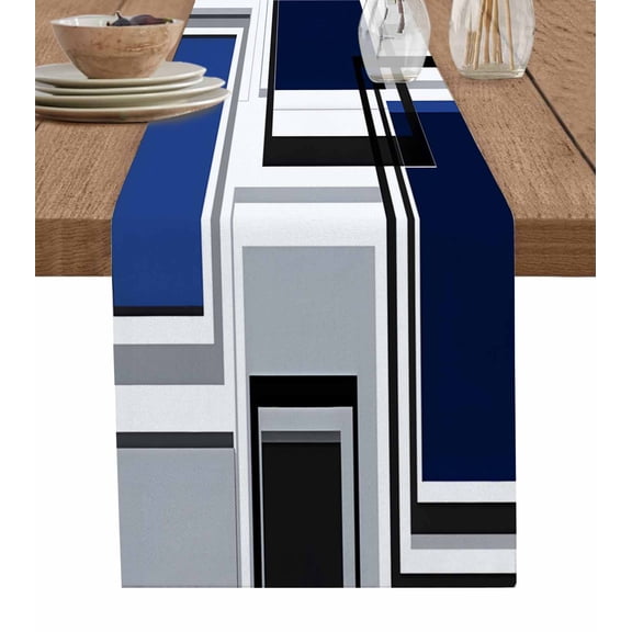 Table Runner Abstract Geometric Black Blue Block Table Decoration for Kitchen Dinning Modern Art Table Decoration for Indoor Outdoor Party Wedding Decor 13x72inch