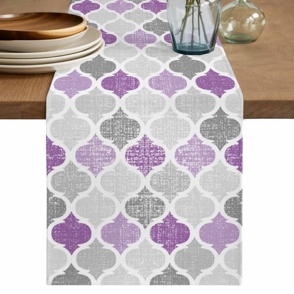 Table Runner Abstract Geometric Morocco Pattern Soft Linen Style Table Runner Cloth Purple and Gray Dining Table Decor for Kitchen, Dining Room, Parties, Holiday & Everyday Use 13x36 Inch