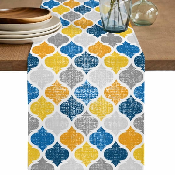 Table Runner Abstract Geometric Morocco Pattern Soft Linen Style Table Runner Cloth Yellow and Blue Dining Table Decor for Kitchen, Dining Room, Parties, Holiday & Everyday Use 13x90 Inch