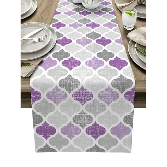Table Runner Abstract Geometric Morocco Pattern Table Decoration for Kitchen Dinning Purple and Gray Table Decoration for Indoor Outdoor Party Wedding Decor 13x72inch