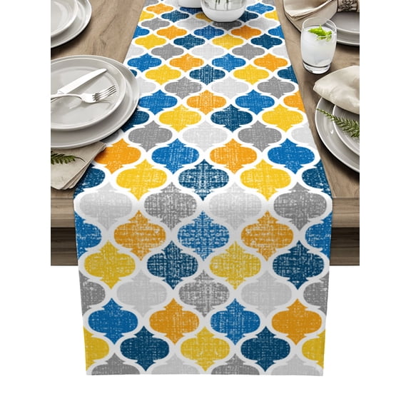 Table Runner Abstract Geometric Morocco Pattern Table Decoration for Kitchen Dinning Yellow and Blue Table Decoration for Indoor Outdoor Party Wedding Decor 13x72inch