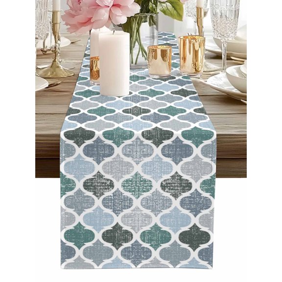Table Runner Abstract Geometric Morocco Pattern Table Runners Vintage Green Blue Cotton Linen Dresser Scarf Kitchen Dining Table Decor for Home Dinner Party Decor 13x36 Inch