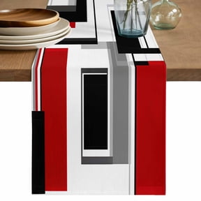 Table Runner Abstract Geometric Stripes Soft Linen Style Table Runner Cloth Black Red Modern Art Dining Table Decor for Kitchen, Dining Room, Parties, Holiday & Everyday Use 13x72 Inch