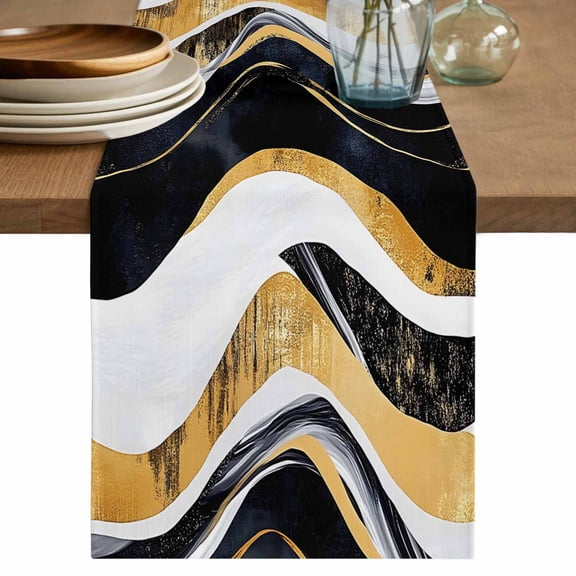 Table Runner Abstract Gold Black White Wave Soft Linen Style Table Runner Cloth Modern Art Dining Table Decor for Kitchen, Dining Room, Parties, Holiday & Everyday Use 13x36 Inch