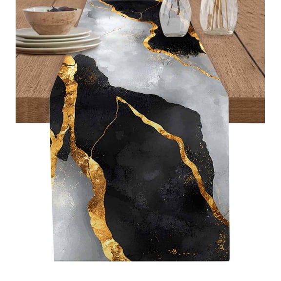 Table Runner Abstract Gold White Black Marble Table Decoration for Kitchen Dinning Modern Art Table Decoration for Indoor Outdoor Party Wedding Decor 13x90inch