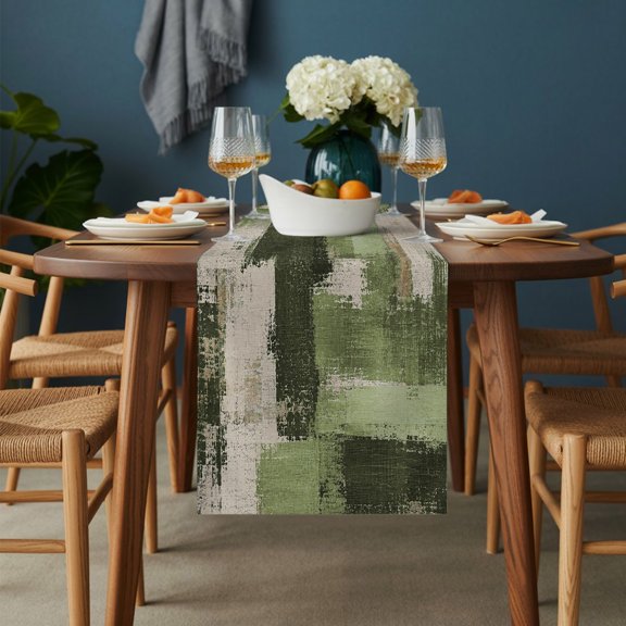 Table Runner Abstract Green Color Block Graffiti Dresser Scarves 13x36 Inch,Linen Table Runners Retro Oil Painting Texture Tablerunner for Home Dining Indoor Outdoor Wedding Party Tabletop Decor