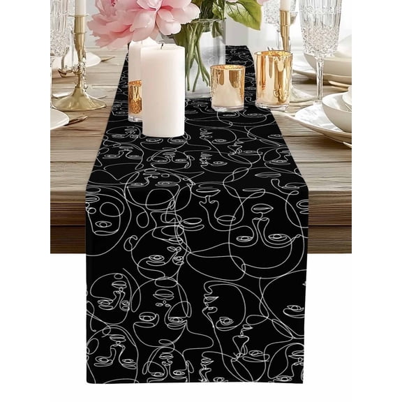 Table Runner Abstract Human Face Table Runners Aesthetic Portrait Lines Black Cotton Linen Dresser Scarf Kitchen Dining Table Decor for Home Dinner Party Decor 13x36 Inch