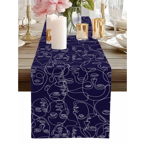 Table Runner Abstract Human Face Table Runners Aesthetic Portrait Lines Blue Cotton Linen Dresser Scarf Kitchen Dining Table Decor for Home Dinner Party Decor 13x36 Inch