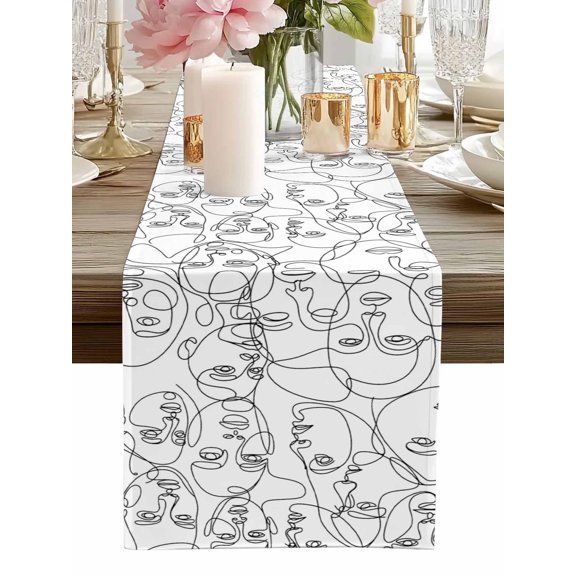 Table Runner Abstract Human Face Table Runners Aesthetic Portrait Lines Cotton Linen Dresser Scarf Kitchen Dining Table Decor for Home Dinner Party Decor 13x36 Inch