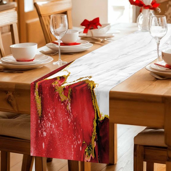 Table Runner Abstract Marble Stone Texture Dresser Scarves 13x36 Inch,Linen Table Runners Modern Red Gold White Tablerunner for Home Dining Indoor Outdoor Wedding Party Tabletop Decor