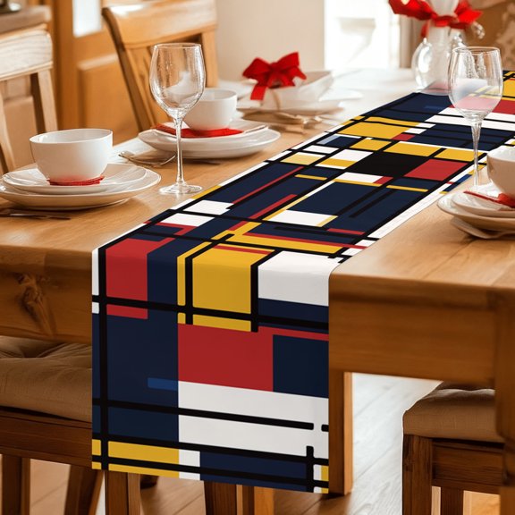 Table Runner Abstract Mondrian Color Block Dresser Scarves 13x36 Inch,Linen Table Runners Colorful Geometric Stripe Art Tablerunner for Home Dining Indoor Outdoor Wedding Party Tabletop Decor