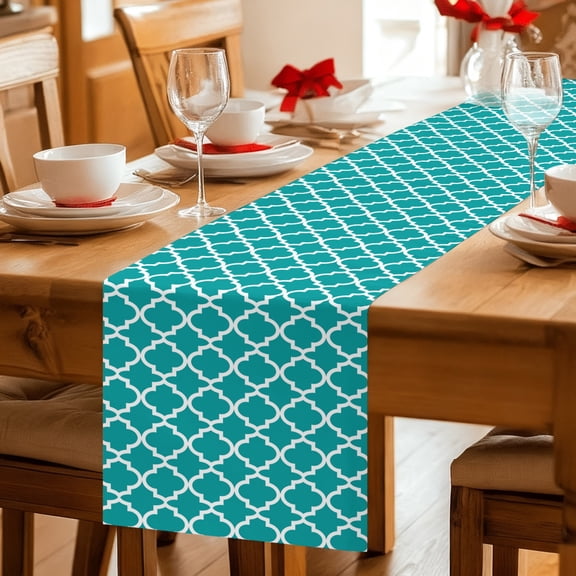 Table Runner Abstract Morocco Pattern Dresser Scarves 13x36 Inch,Linen Table Runners Modern Geometric on Teal Tablerunner for Home Dining Indoor Outdoor Wedding Party Tabletop Decor