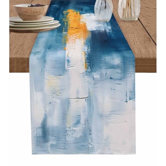 Table Runner Abstract Oil Painting Table Decoration for Kitchen Dinning Blue White Table Decoration for Indoor Outdoor Party Wedding Decor 13x90inch