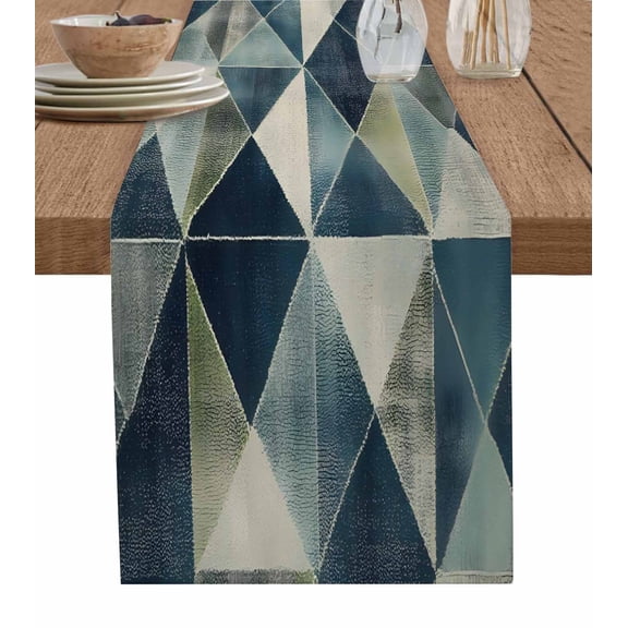 Table Runner Abstract Ombre Blue Geometric Painting Table Decoration for Kitchen Dinning Modern Art Table Decoration for Indoor Outdoor Party Wedding Decor 13x90inch