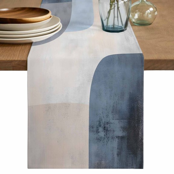 Table Runner Abstract Ombre Blue off White Soft Linen Style Table Runner Cloth Painting Art Dining Table Decor for Kitchen, Dining Room, Parties, Holiday & Everyday Use 13x36 Inch