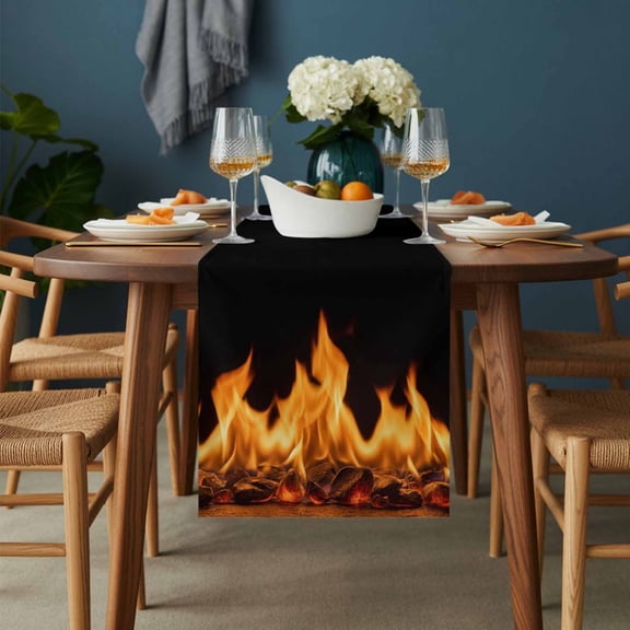 Table Runner Abstract Orange Flame on Black Dresser Scarves 13x36 Inch,Linen Table Runners Flickering Fire Pattern Tablerunner for Home Dining Indoor Outdoor Wedding Party Tabletop Decor