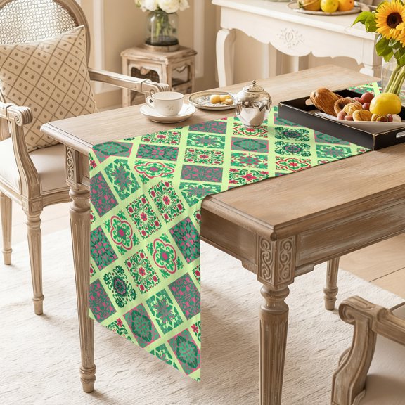 Table Runner Abstract Pattern Retro Geometric Dresser Scarves 13x36 Inch,Linen Table Runners Green Brick Textures Tablerunner for Home Dining Indoor Outdoor Wedding Party Tabletop Decor