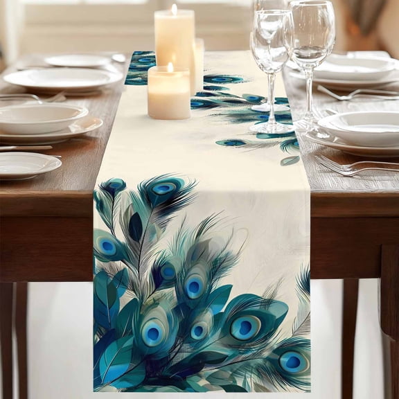 Table Runner,Abstract Peacock Feather on Beige Kitchen Dining Table Runners Tabletop Decorations Plume Art Tablerunner Dresser Scarves for Home Party Wedding Birthday Decor,13x72in