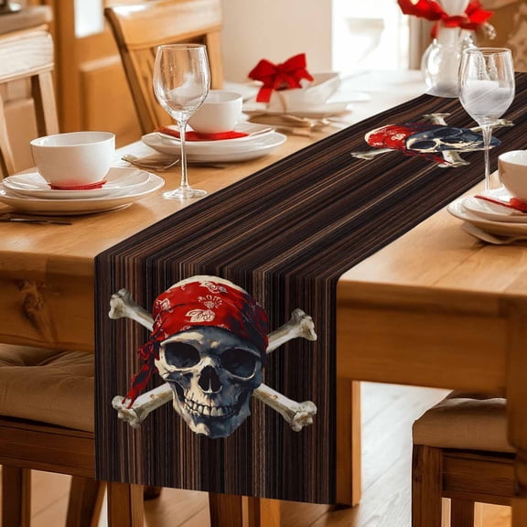 Table Runner Abstract Punk Pirate Skull Dresser Scarves 13x36 Inch,Linen Table Runners Crossbones on Brown Wood Board Tablerunner for Home Dining Indoor Outdoor Wedding Party Tabletop Decor