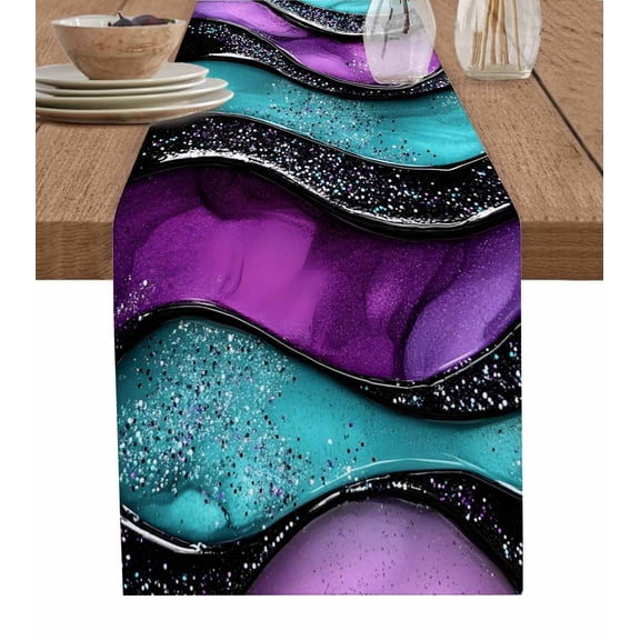 Table Runner Abstract Purple Teal Wave Table Decoration for Kitchen Dinning Black Stripes Table Decoration for Indoor Outdoor Party Wedding Decor 13x72inch