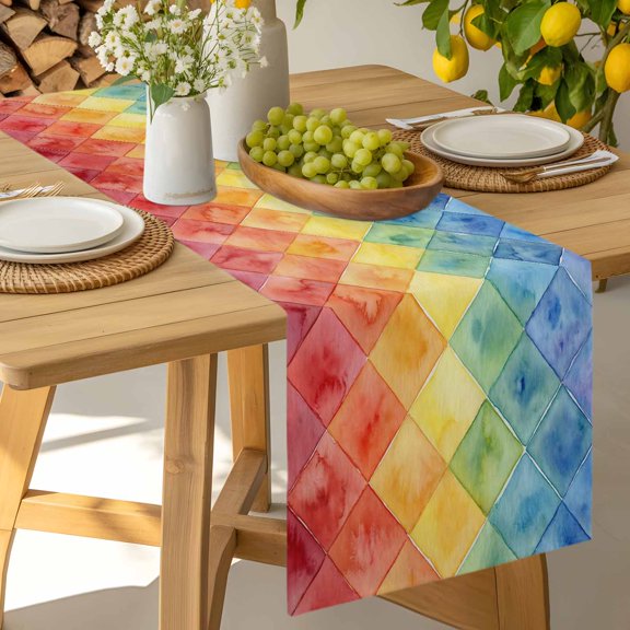 Table Runner Abstract Rainbow Geometric Dresser Scarves 13x36 Inch,Linen Table Runners Gradient Diamond Shape Tablerunner for Home Dining Indoor Outdoor Wedding Party Tabletop Decor
