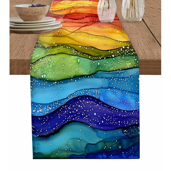Table Runner Abstract Red Blue Wave Table Decoration for Kitchen Dinning Watercolors Rainbow Table Decoration for Indoor Outdoor Party Wedding Decor 13x90inch