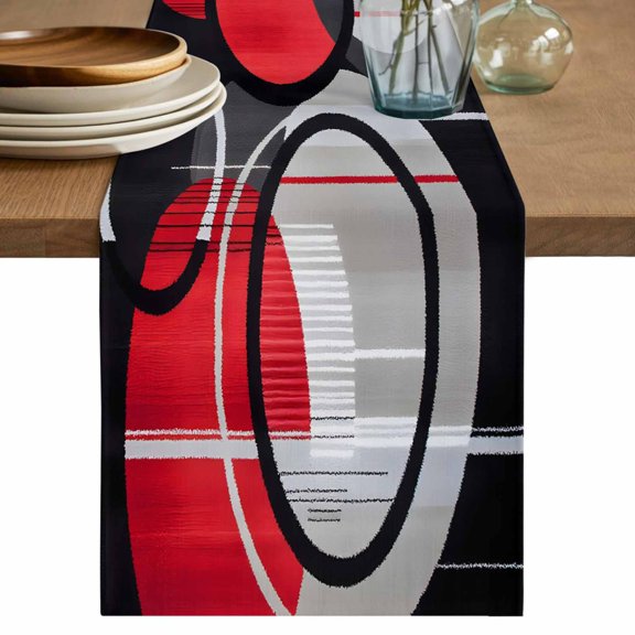 Table Runner Abstract Round Soft Linen Style Table Runner Cloth Red Black Dining Table Decor for Kitchen, Dining Room, Parties, Holiday & Everyday Use 13x36 Inch