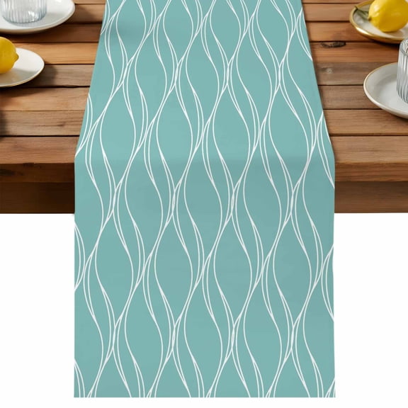 Table Runner Abstract Wave Lines Decorative Table Runner for Kitchen Floral Petal Pattern Teal Blue Dinning Runner for Party Wedding Holiday Indoor Outdoor 13x36inch