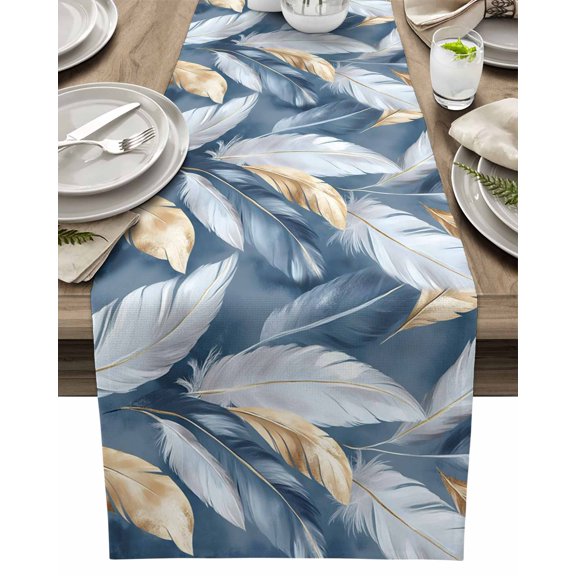 Table Runner Abstract White Feathers Table Decoration for Kitchen Dinning Blue Modern Art Table Decoration for Indoor Outdoor Party Wedding Decor 13x72inch