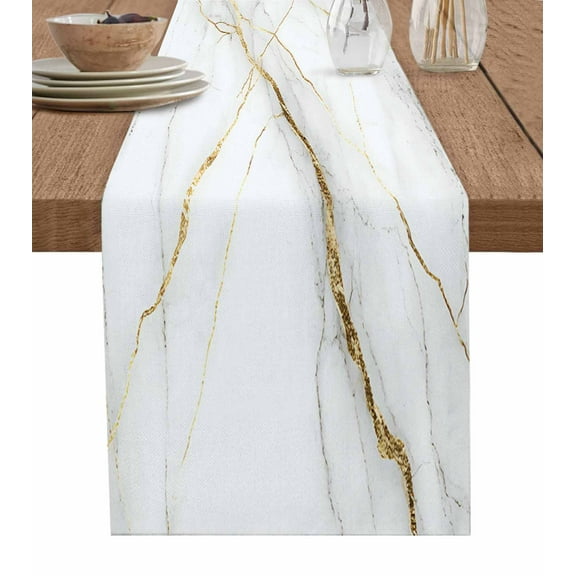 Table Runner Abstract White Golden Marble Texture Table Decoration for Kitchen Dinning Stripes Modern Art Table Decoration for Indoor Outdoor Party Wedding Decor 13x90inch
