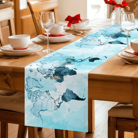 Table Runner Abstract World Map Dresser Scarves 13x36 Inch,Linen Table Runners Teal Blue Gradient Tablerunner for Home Dining Indoor Outdoor Wedding Party Tabletop Decor