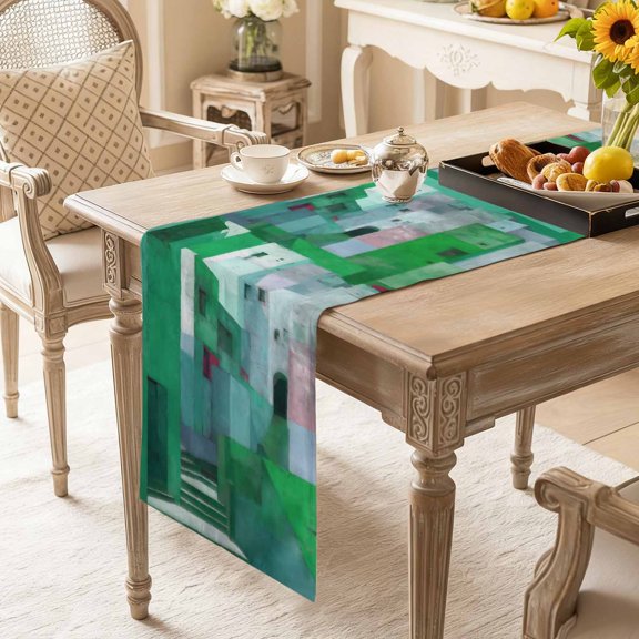 Table Runner Abstracts Green Painting Buildings Dresser Scarves 13x36 Inch,Linen Table Runners Oil Painting Art Tablerunner for Home Dining Indoor Outdoor Wedding Party Tabletop Decor