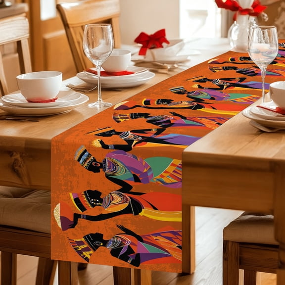 Table Runner African Black Woman Ethnic Style Dresser Scarves 13x36 Inch,Linen Table Runners Retro Orange Gradient Tablerunner for Home Dining Indoor Outdoor Wedding Party Tabletop Decor