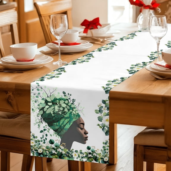 Table Runner African Women Green Eucalyptus Leaf Dresser Scarves 13x36 Inch,Linen Table Runners Spring Flower Leaves Tablerunner for Home Dining Indoor Outdoor Wedding Party Tabletop Decor