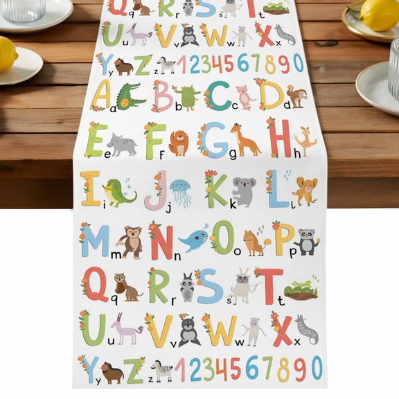 Table Runner Alphabet Letters Decorative Table Runner for Kitchen Cartoon Animal Number Dinning Runner for Party Wedding Holiday Indoor Outdoor 13x36inch